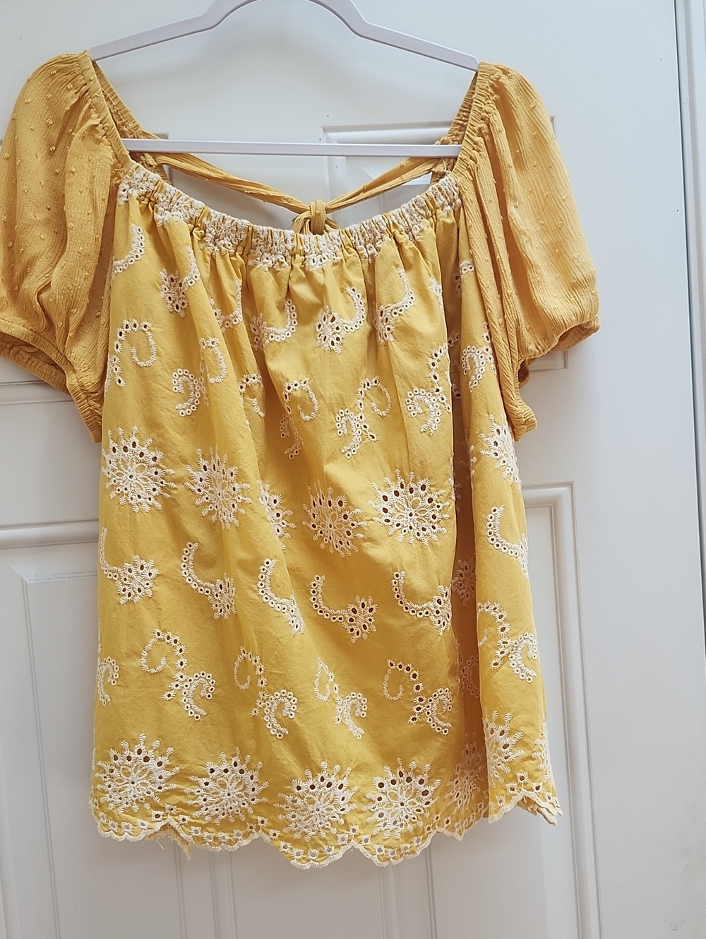 Mustard Eyelet Off-Shoulder Peasant Blouse - Women